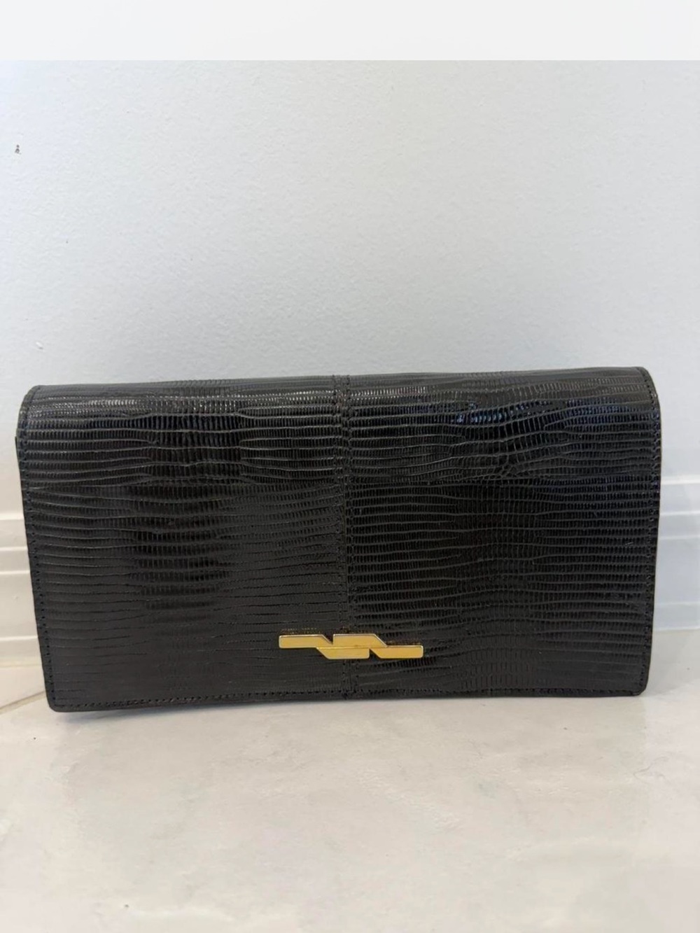 Lizard Embossed Clutch with Gold Accent